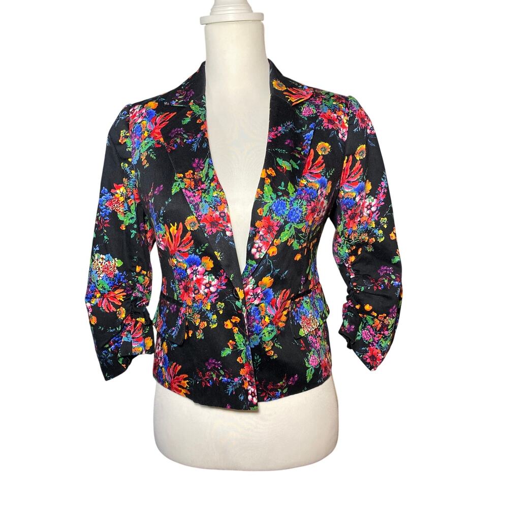 Laundry by Shelli Segal Floral Blazer Size 6 Vibrant Ruched 3/4 Sleeve Black